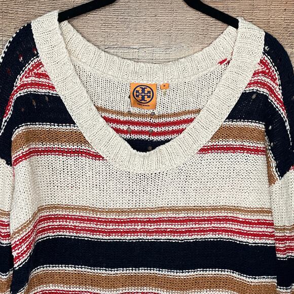 Tory Burch Striped Linen Blend V-Neck Tunic Sweater Size Medium - Picture 2 of 9